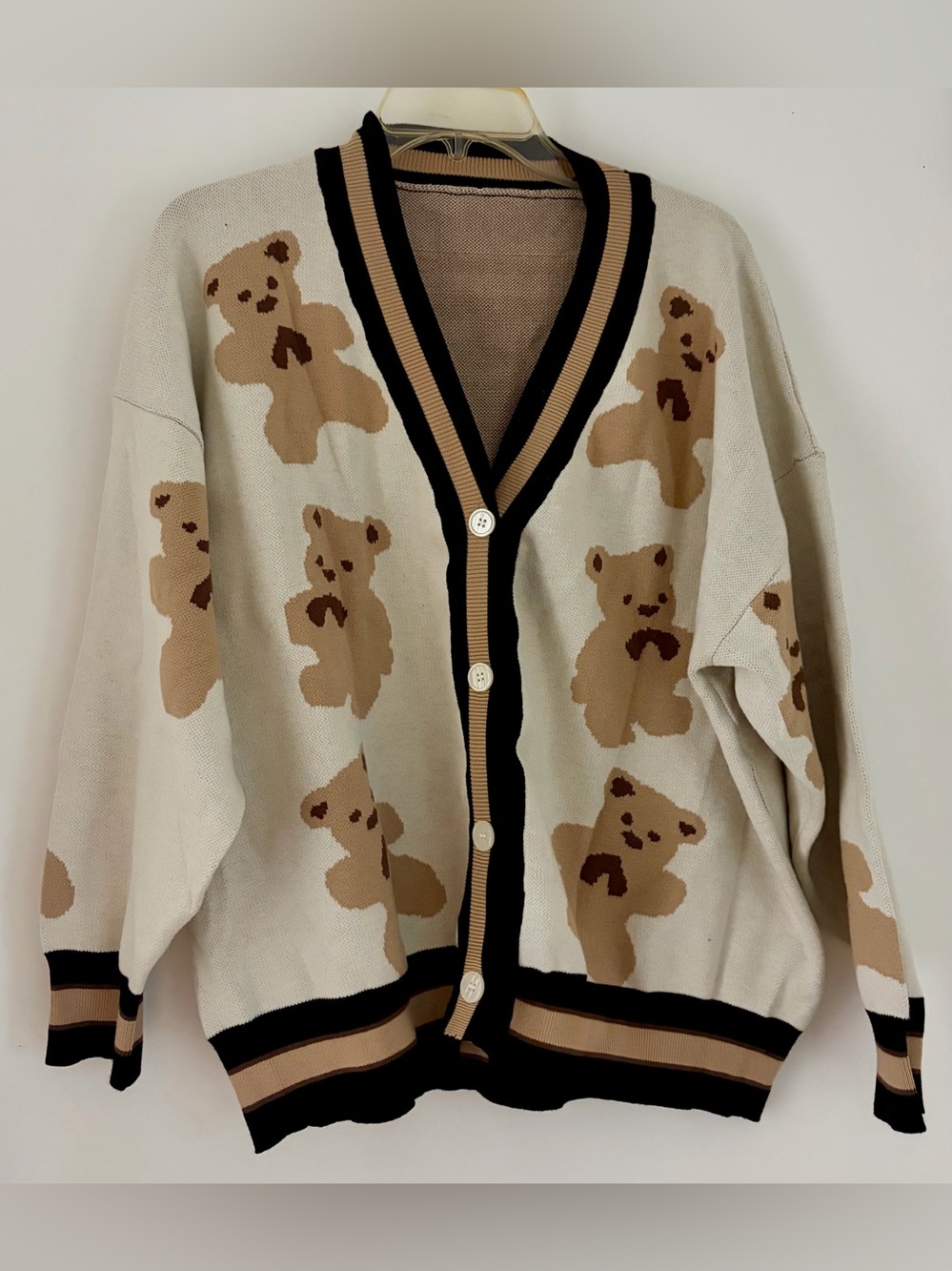 SHEIN Cream Cardigan with Tan Teddy Bear Motif and Black Trim